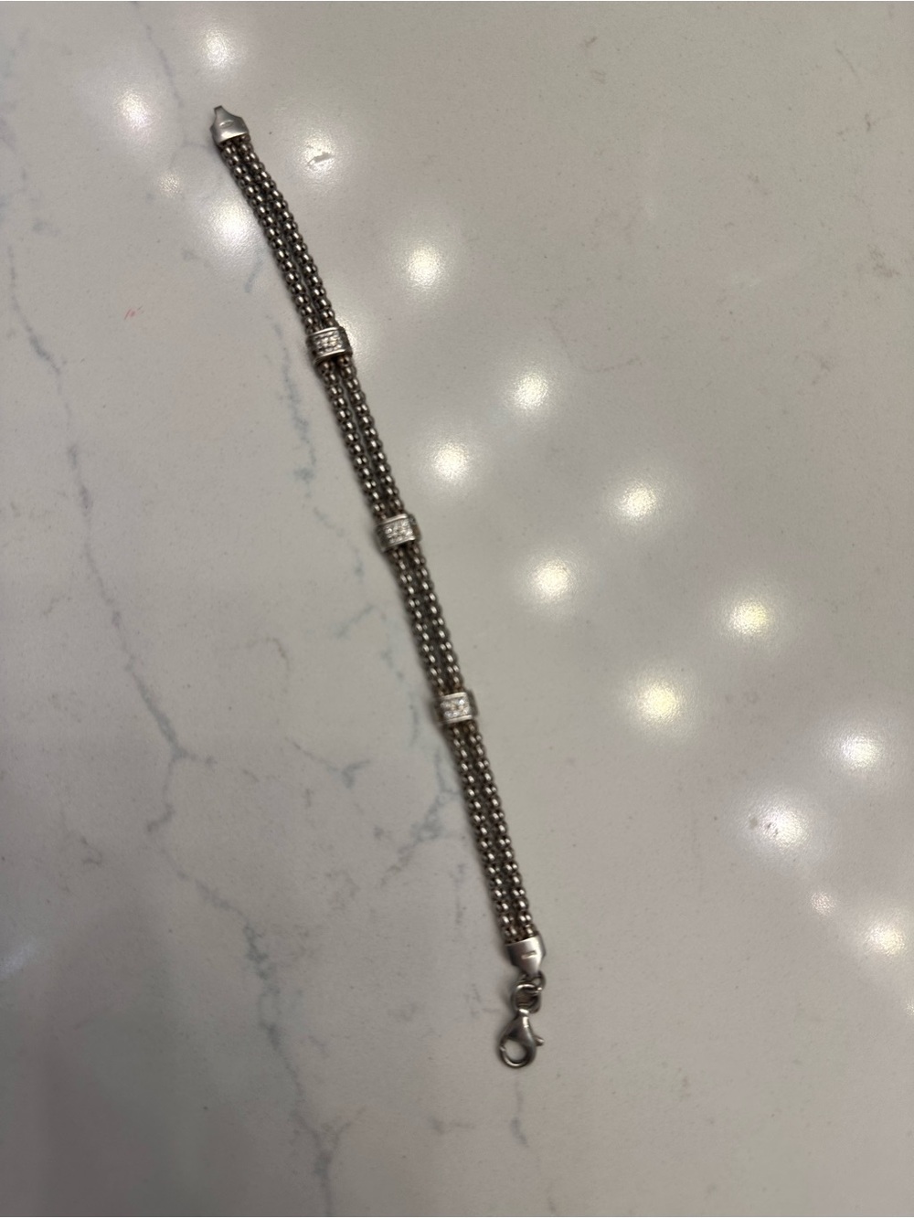 Sterling Silver Multi-Row Chain Bracelet stamped with Accent Beads and crystals